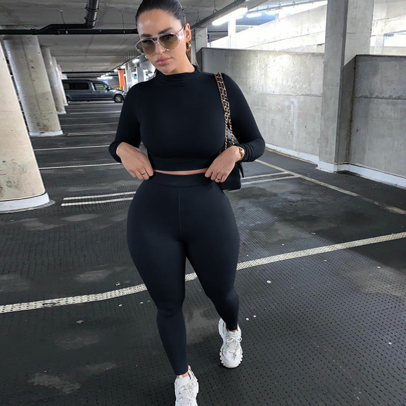 Damen Figurbetontes Sport-Zweiteiler-Set mit Langarm-Crop-Top und hochtaillierten Leggings Drune