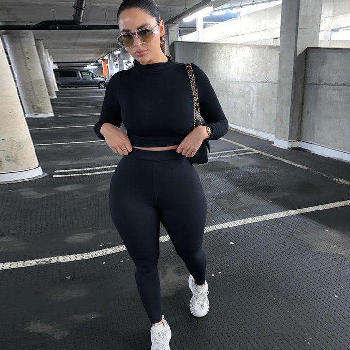Damen Figurbetontes Sport-Zweiteiler-Set mit Langarm-Crop-Top und hochtaillierten Leggings Drune