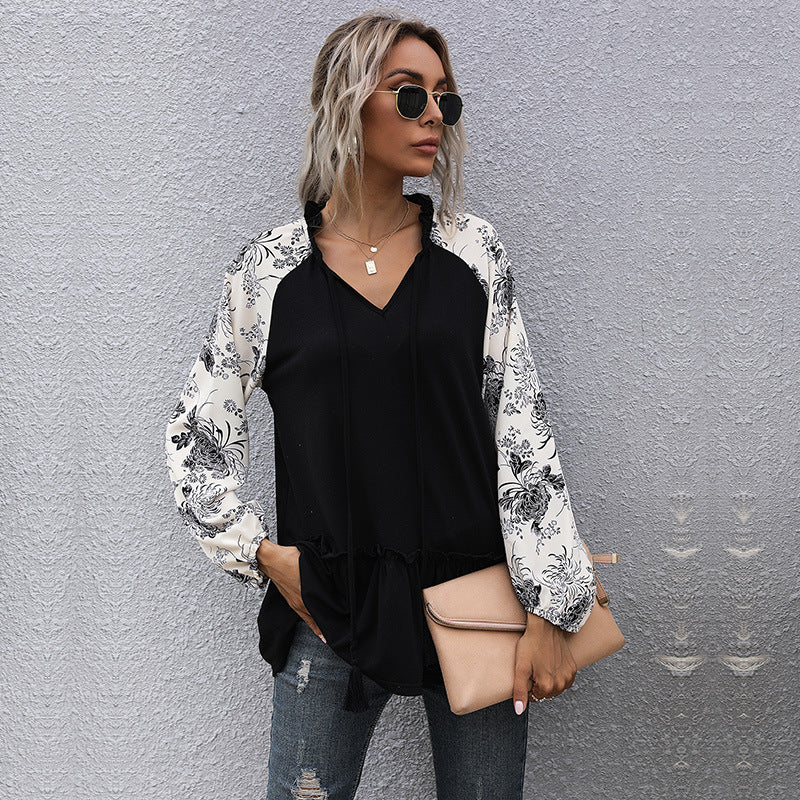 Damen Viskose-Longbluse mit V-Ausschnitt, Rüschen-Taille und kontrastierenden Raglanärmeln Drune