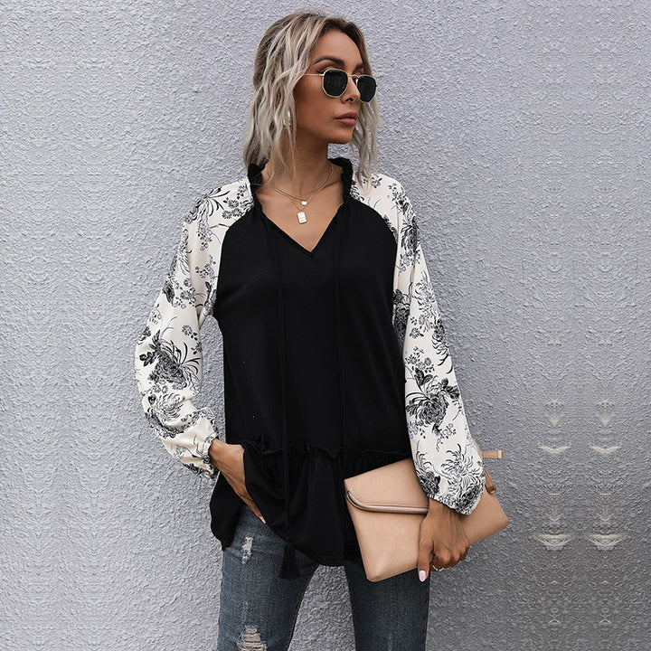 Damen Viskose-Longbluse mit V-Ausschnitt, Rüschen-Taille und kontrastierenden Raglanärmeln Drune