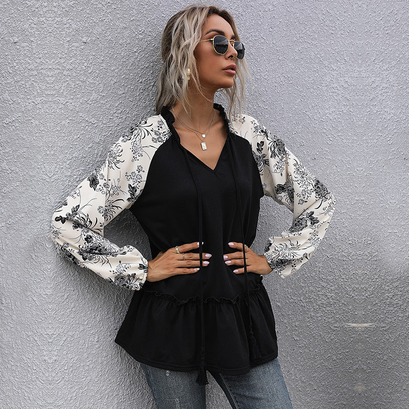 Damen Viskose-Longbluse mit V-Ausschnitt, Rüschen-Taille und kontrastierenden Raglanärmeln Drune