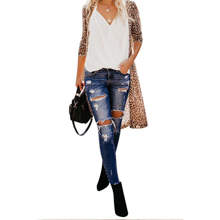 Damen Langer Cardigan mit Leopardenmuster und offenem Schnitt Drune