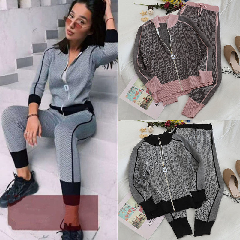 Damen modisches Strick-Loungewear-Set mit geometrischem Muster und elegantem Reißverschluss Drune