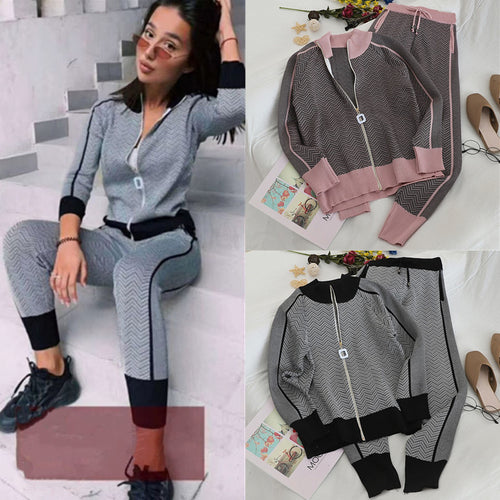 Damen modisches Strick-Loungewear-Set mit geometrischem Muster und elegantem Reißverschluss Drune