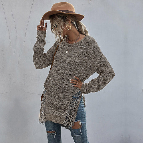 Damen Grobstrick-Longpullover mit seitlichen Fransen und geripptem Saum Drune