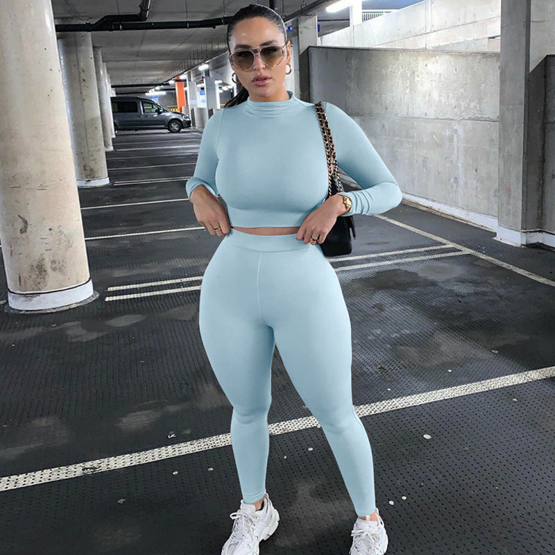 Damen Figurbetontes Sport-Zweiteiler-Set mit Langarm-Crop-Top und hochtaillierten Leggings Drune