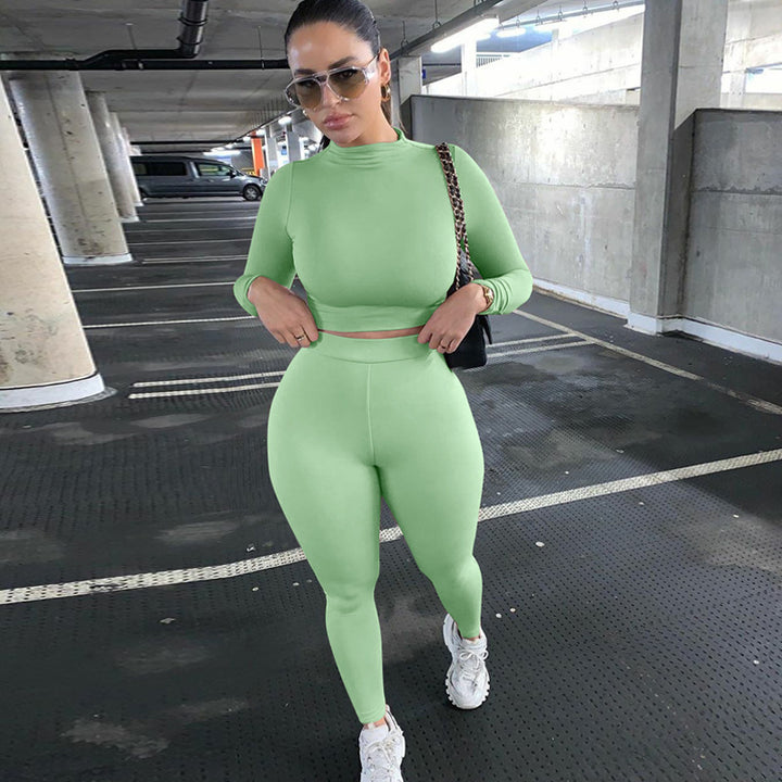 Damen Figurbetontes Sport-Zweiteiler-Set mit Langarm-Crop-Top und hochtaillierten Leggings Drune
