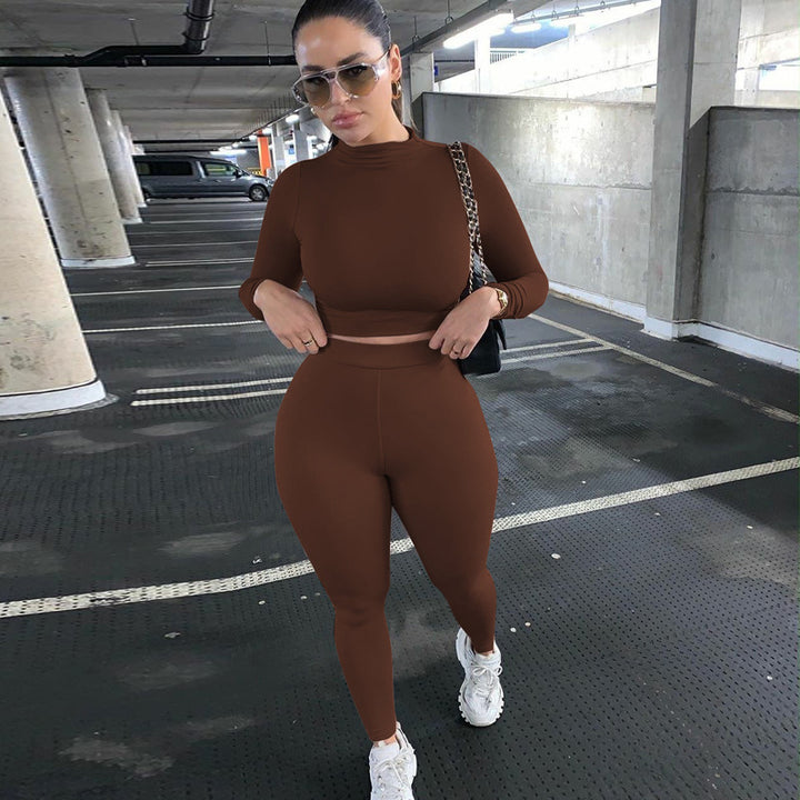 Damen Figurbetontes Sport-Zweiteiler-Set mit Langarm-Crop-Top und hochtaillierten Leggings Drune