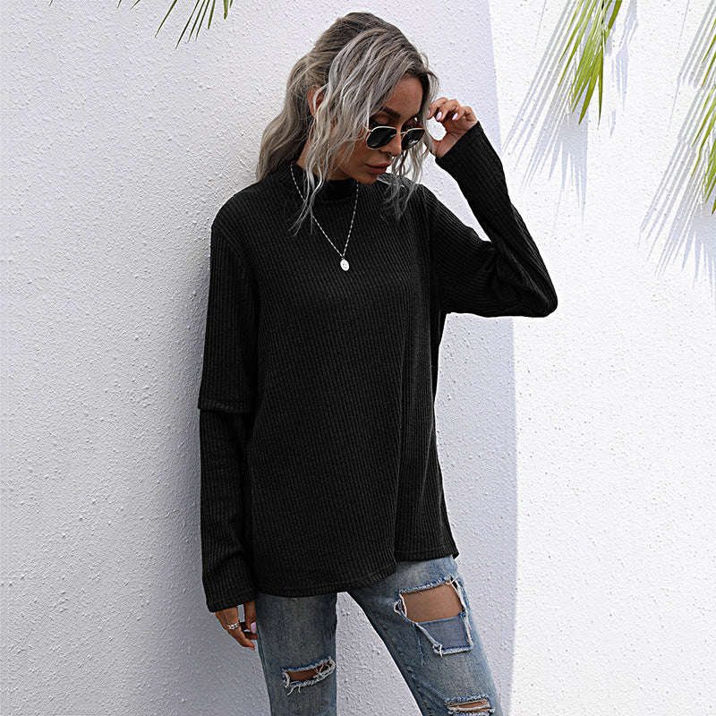 Damen Oversize Waffelstrick-Pullover mit Stehkragen und verlängerten Ärmeln Drune