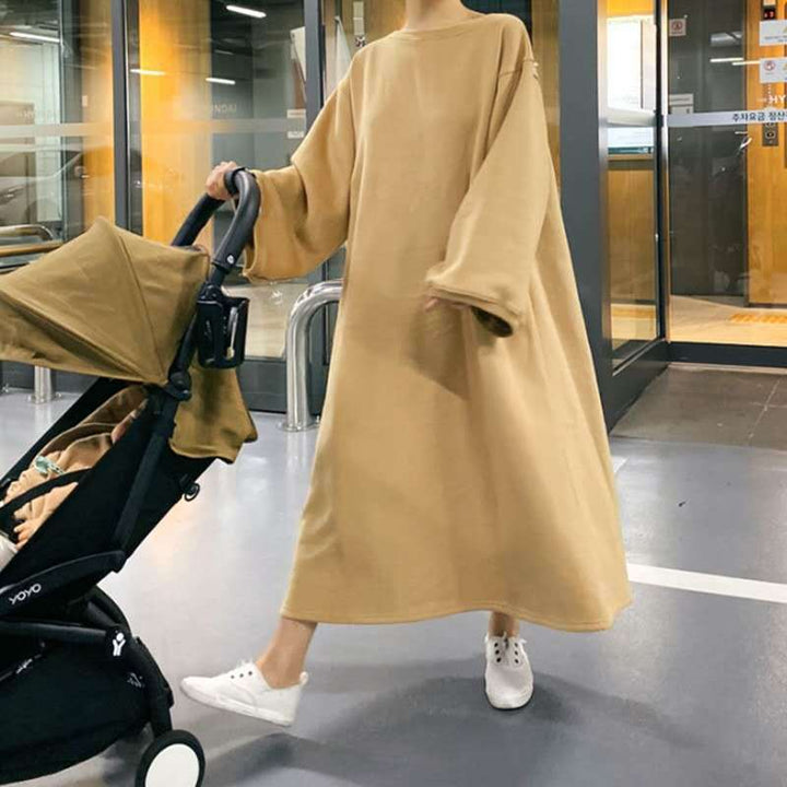 Damen Oversize-Sweatkleid mit Ballonärmeln und Maxi-Länge Drune