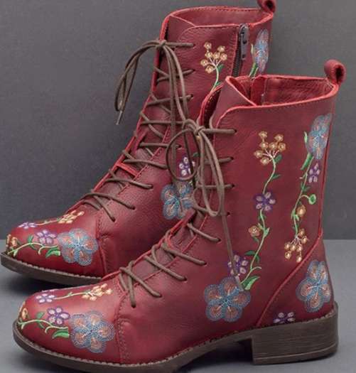 Damen bestickte Combat-Stiefelette mit floralem Stickmotiv, seitlicher Reißverschluss und gepolstertem Komfortfußbett Drune