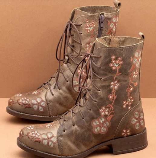 Damen bestickte Combat-Stiefelette mit floralem Stickmotiv, seitlicher Reißverschluss und gepolstertem Komfortfußbett Drune