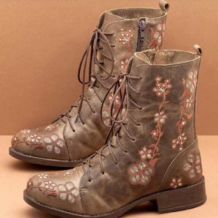 Damen bestickte Combat-Stiefelette mit floralem Stickmotiv, seitlicher Reißverschluss und gepolstertem Komfortfußbett Drune