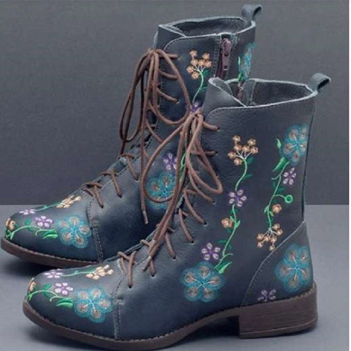 Damen bestickte Combat-Stiefelette mit floralem Stickmotiv, seitlicher Reißverschluss und gepolstertem Komfortfußbett Drune