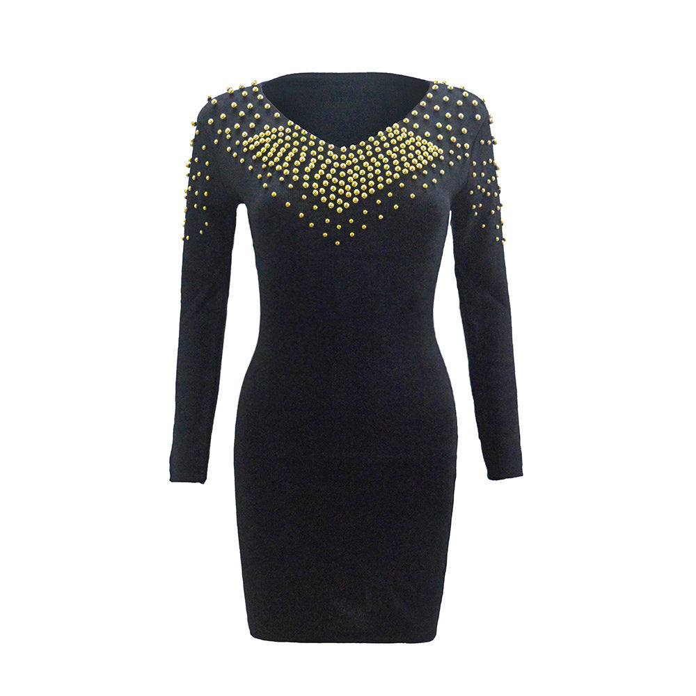 Damen Figurbetontes Stretch‑Minikleid mit V‑Ausschnitt und Nietenbesatz Drune