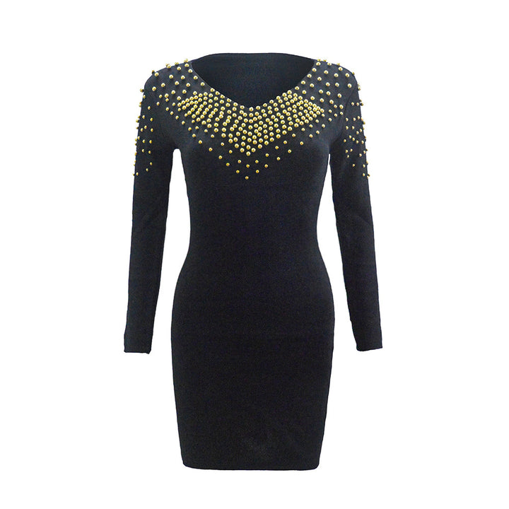 Damen Figurbetontes Stretch‑Minikleid mit V‑Ausschnitt und Nietenbesatz Drune