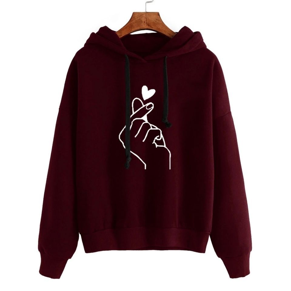 Damen Oversize-Kapuzenpullover mit Fingerherz‑Print und Kordelzug Drune