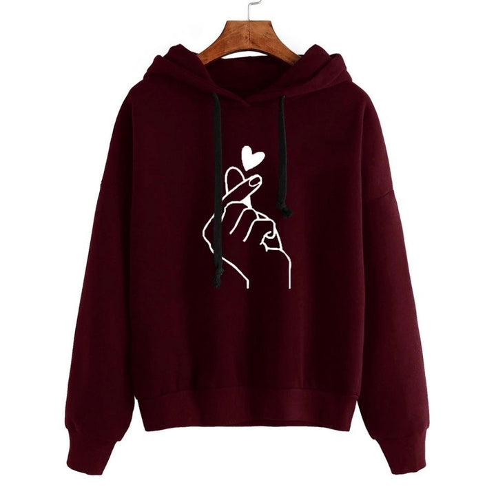 Damen Oversize-Kapuzenpullover mit Fingerherz‑Print und Kordelzug Drune