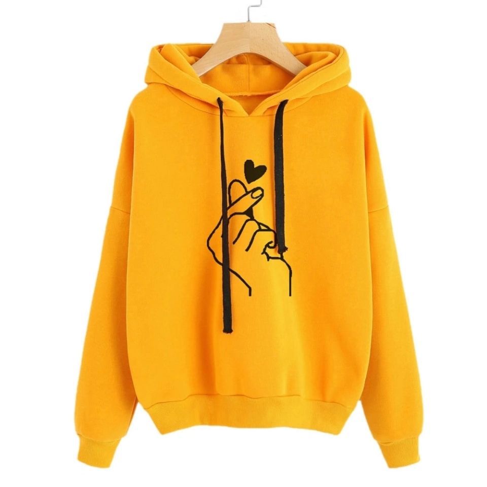 Damen Oversize-Kapuzenpullover mit Fingerherz‑Print und Kordelzug Drune