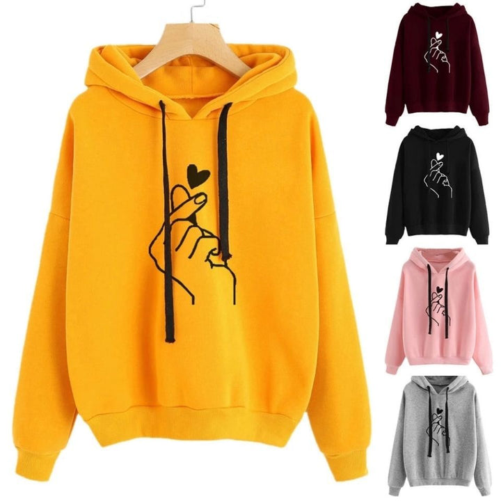 Damen Oversize-Kapuzenpullover mit Fingerherz‑Print und Kordelzug Drune