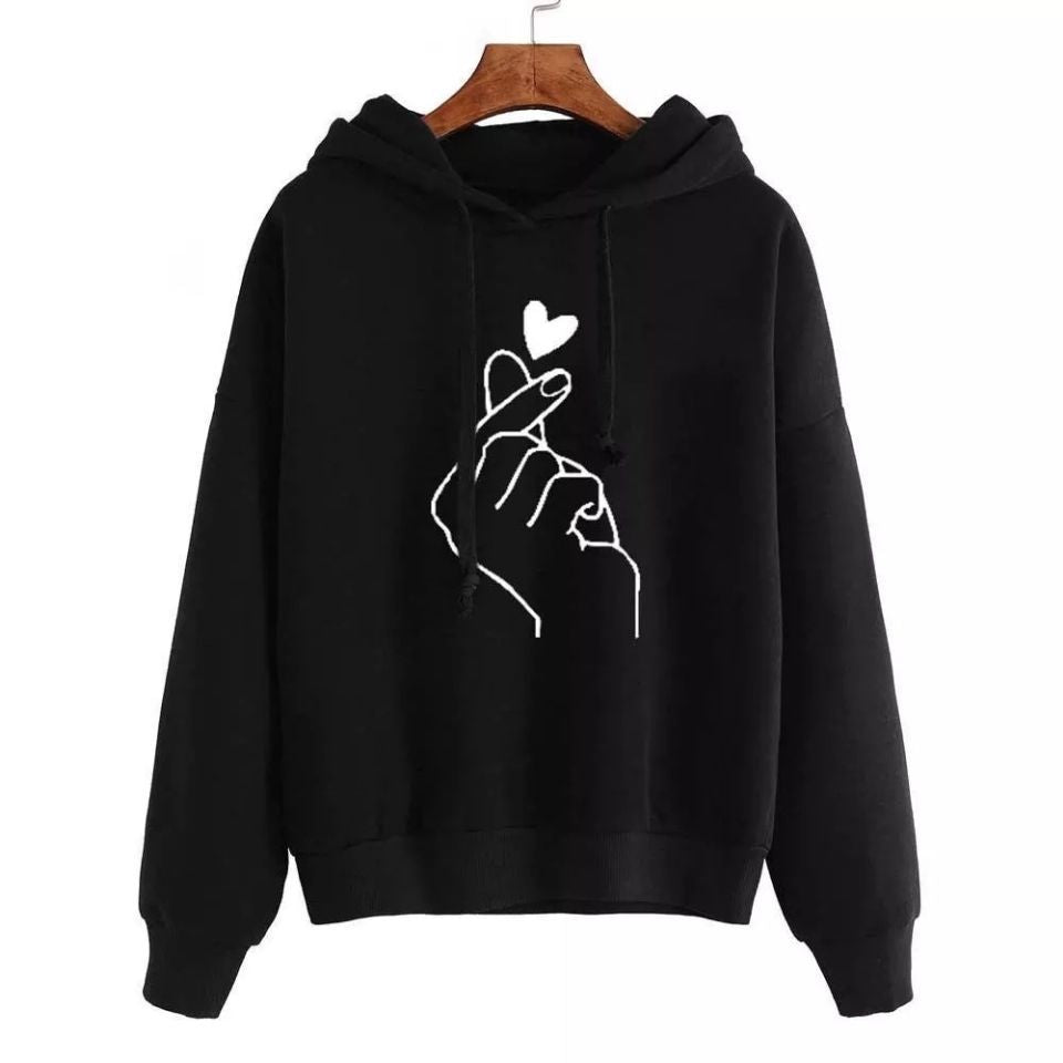 Damen Oversize-Kapuzenpullover mit Fingerherz‑Print und Kordelzug Drune