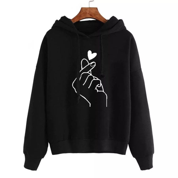 Damen Oversize-Kapuzenpullover mit Fingerherz‑Print und Kordelzug Drune