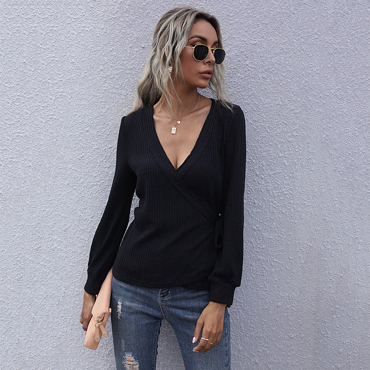 Damen Taillierter Ripp-Wrap-Pullover mit V‑Ausschnitt und Zierknoten Drune