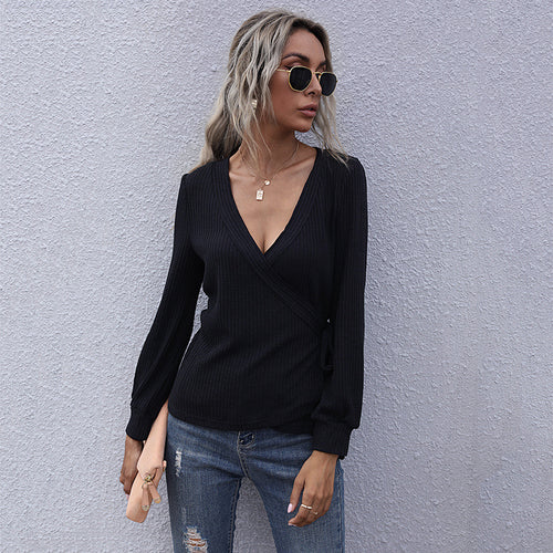Damen Taillierter Ripp-Wrap-Pullover mit V‑Ausschnitt und Zierknoten Drune
