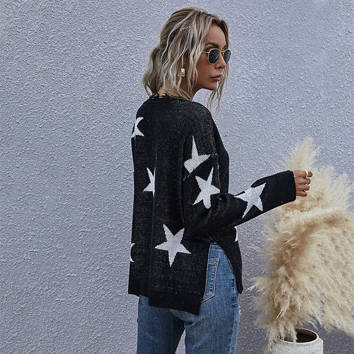 Damen Grobstrick-Pullover mit Sternenjacquard, ausgefranster V-Ausschnitt und lässiger Longline-Silhouette Drune