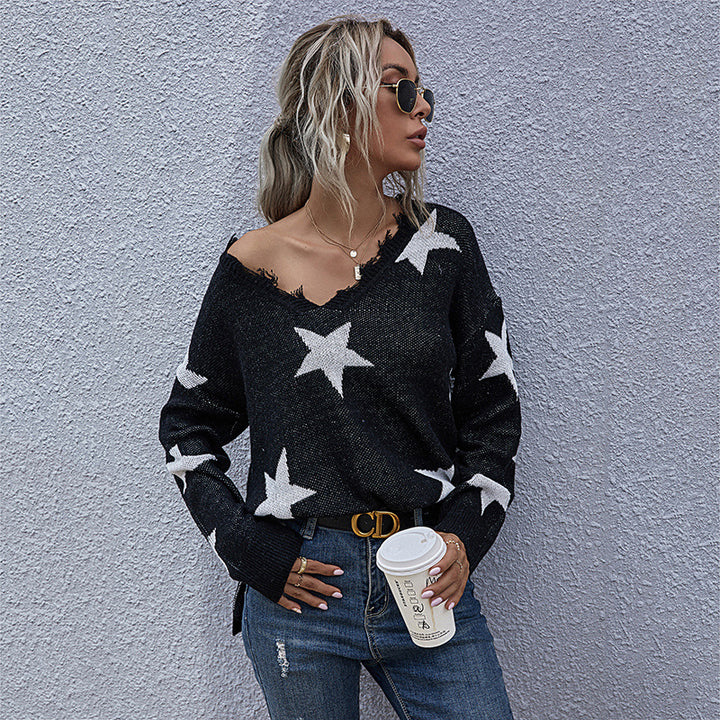 Damen Grobstrick-Pullover mit Sternenjacquard, ausgefranster V-Ausschnitt und lässiger Longline-Silhouette Drune