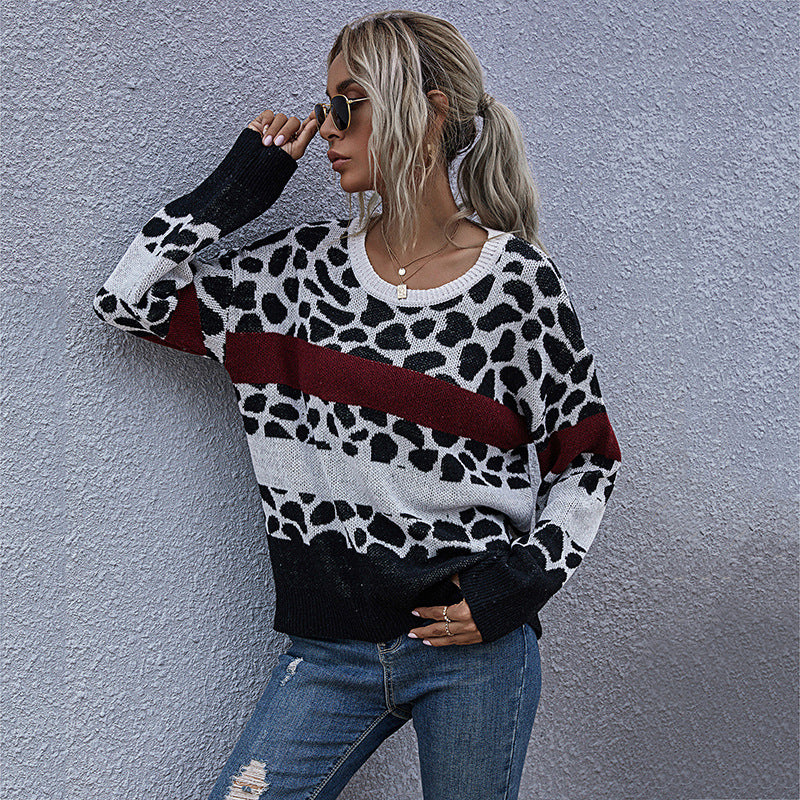 Damen Oversize-Strickpullover mit Leo-Jacquard, Colorblock-Streifen & gerippten Abschlüssen Drune