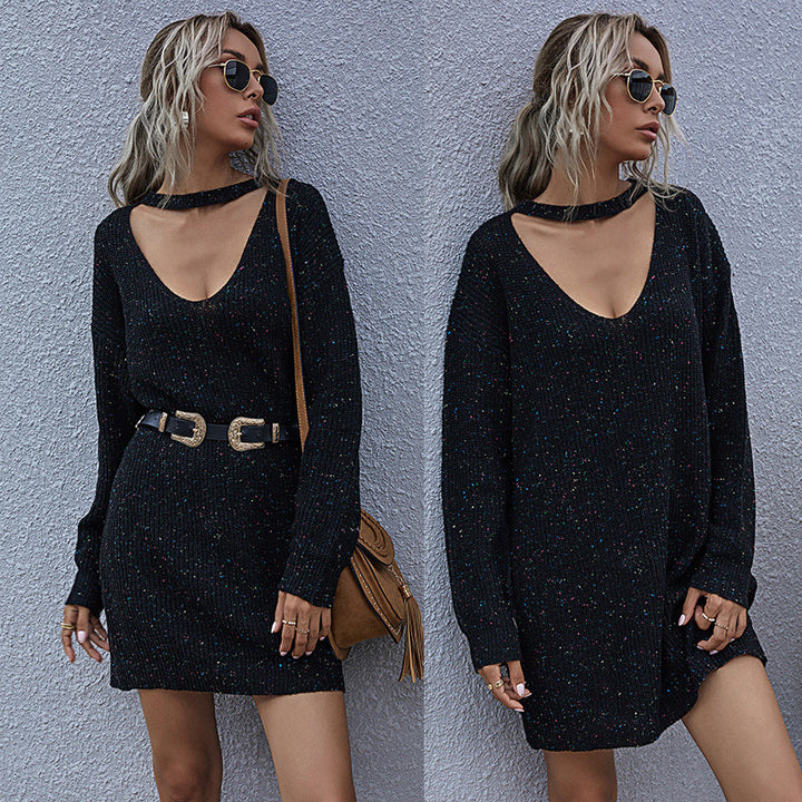 Damen Figurbetontes kurzes Strickkleid mit Choker‑Ausschnitt, V‑Dekolleté und Glitzerstruktur Drune