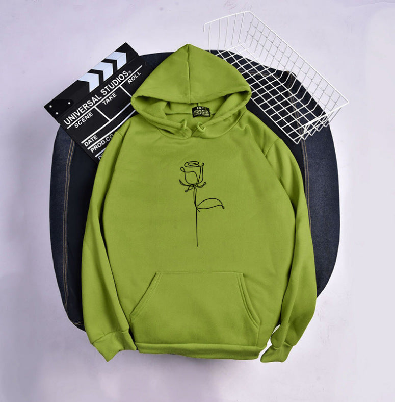 Unisex nan Kapuzenpullover mit minimalistischer Rosenlinien-Illustration, Kängurutasche und angerautem Innenfutter Drune