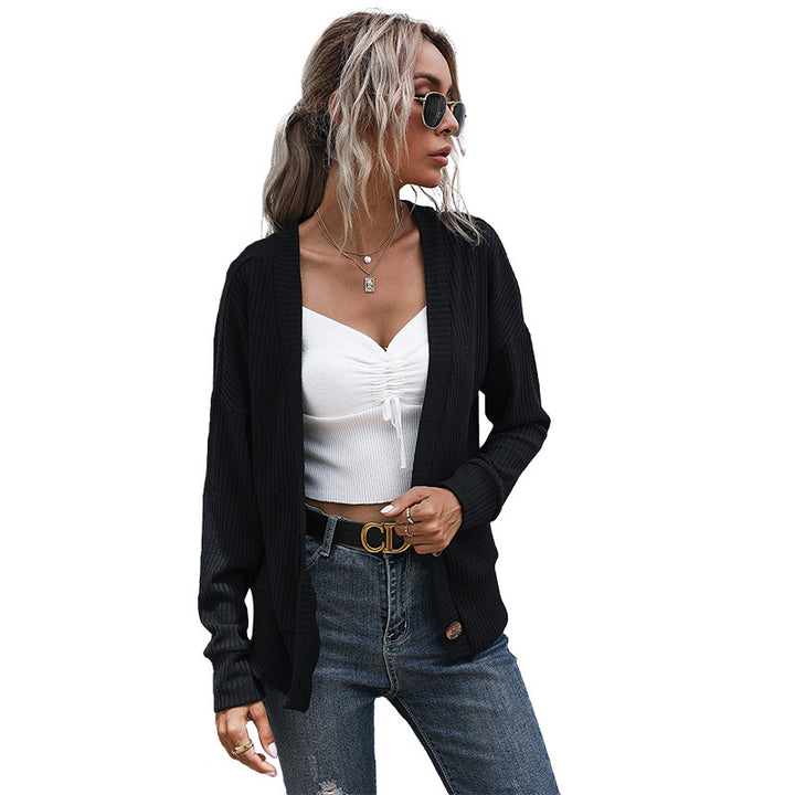 Damen Offene Feinstrick-Cardigan mit Rippenstruktur, Knopfleiste und lockerer Passform Drune