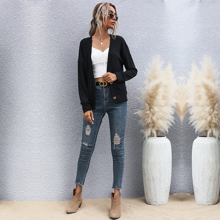 Damen Offene Feinstrick-Cardigan mit Rippenstruktur, Knopfleiste und lockerer Passform Drune