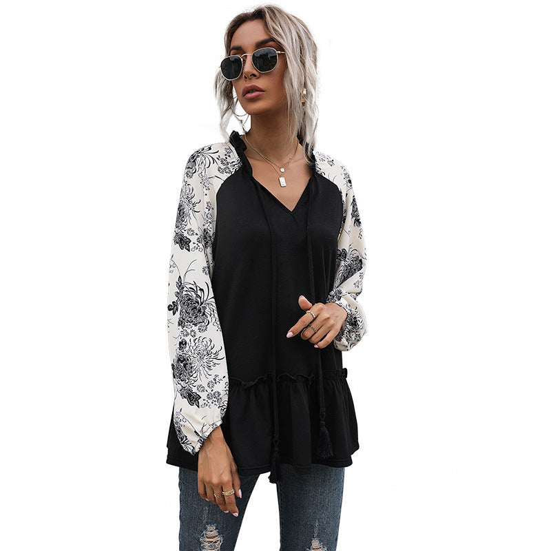 Damen Viskose-Longbluse mit V-Ausschnitt, Rüschen-Taille und kontrastierenden Raglanärmeln Drune