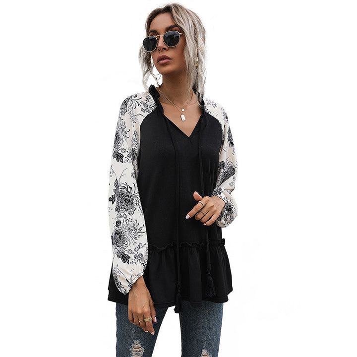 Damen Viskose-Longbluse mit V-Ausschnitt, Rüschen-Taille und kontrastierenden Raglanärmeln Drune