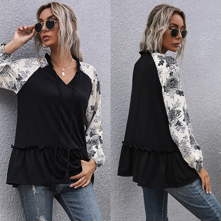 Damen Viskose-Longbluse mit V-Ausschnitt, Rüschen-Taille und kontrastierenden Raglanärmeln Drune