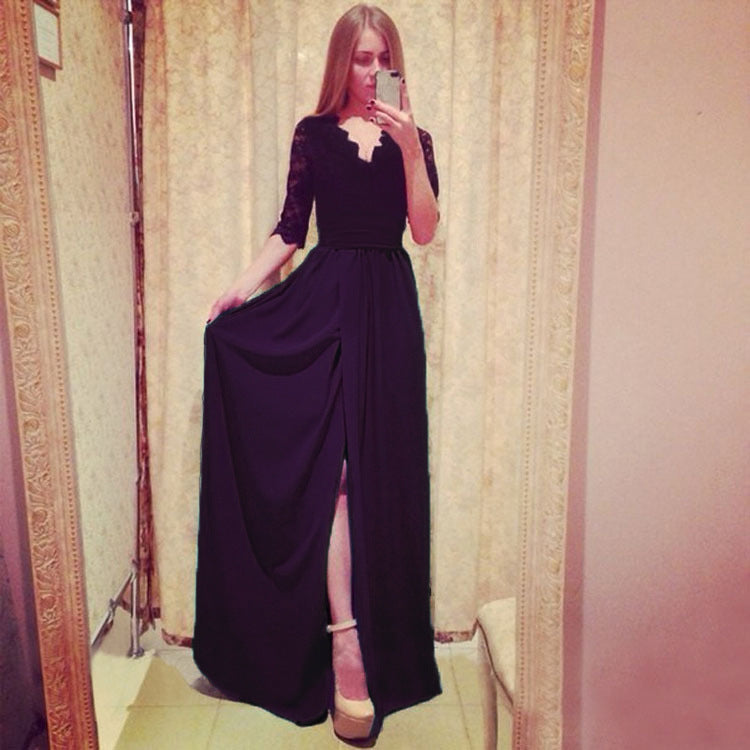 Damen Zweiteiliges Abendkleid mit Spitzen-Corsage, V-Ausschnitt & Maxirock mit hohem Beinschlitz Drune