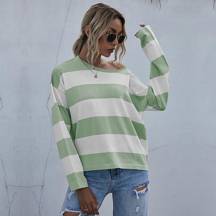 Damen Lockerer gestreifter Pullover mit Carmen-Ausschnitt und Oversize-Schnitt Drune