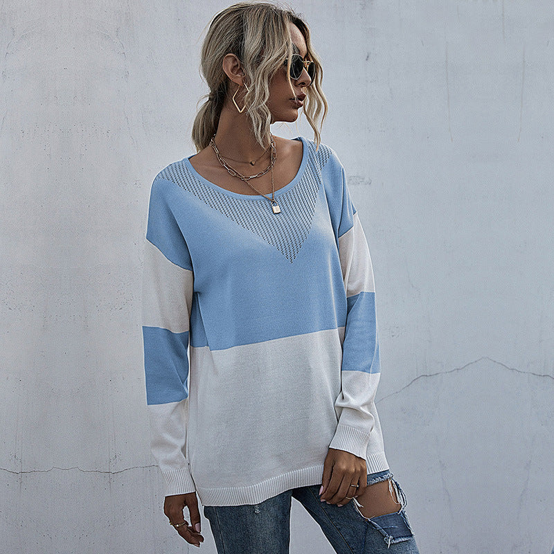 Damen Lässiger Strickpullover mit V-Ausschnitt und Farbblock Drune