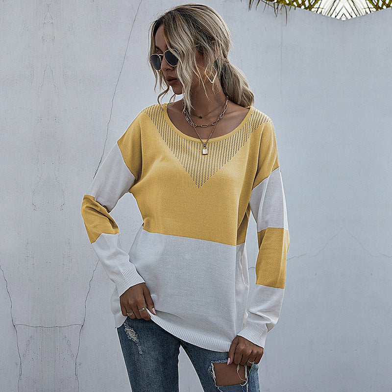 Damen Lässiger Strickpullover mit V-Ausschnitt und Farbblock Drune
