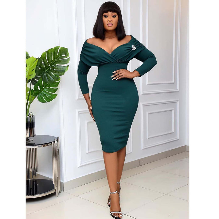 Damen figurbetontes Cocktailkleid mit schickem Off-Shoulder-Ausschnitt und Rüschendetails Drune