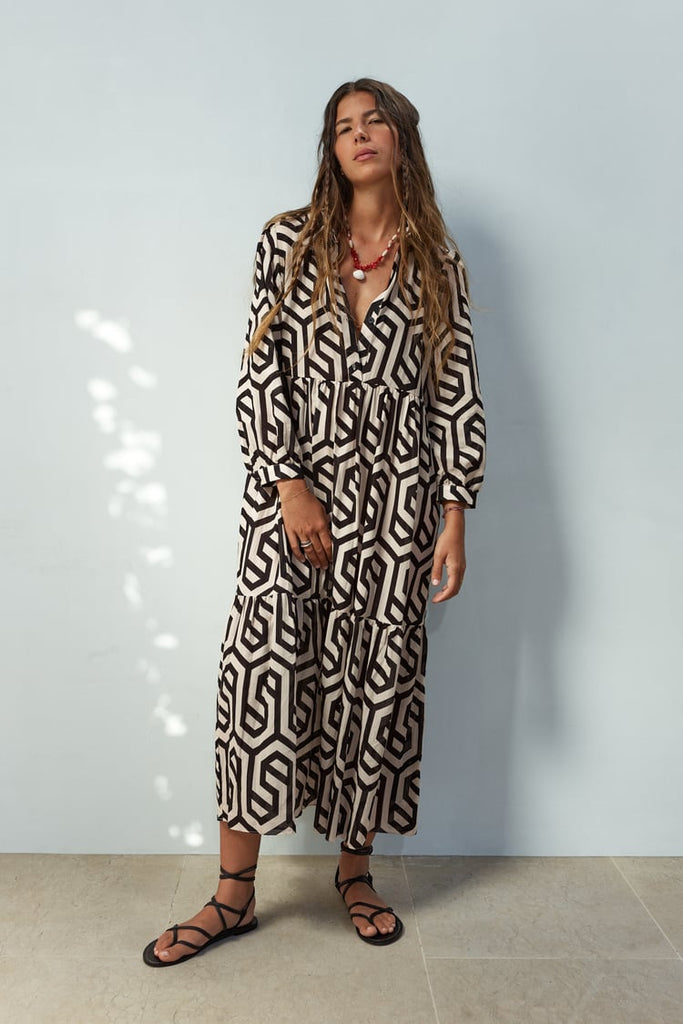 Drune | Langarm Maxikleid mit Geometrischem Druck für Frauen Winsett