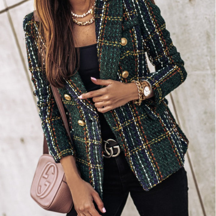 Damen Tweed Blazer im klassischen Karomuster mit goldenen Knöpfen Drune