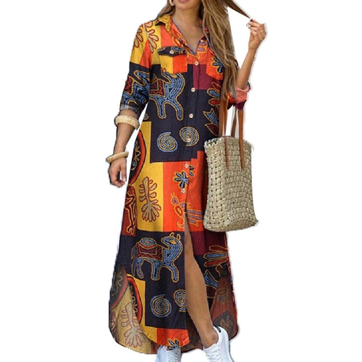 Damen nan langes Hemdkleid mit floralem Muster und seitlichem Schlitz Drune