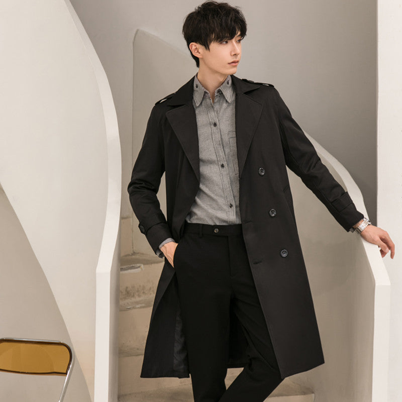 Herren Eleganter knielanger Trenchcoat aus leichtem Funktionsstoff mit Taillengürtel Drune