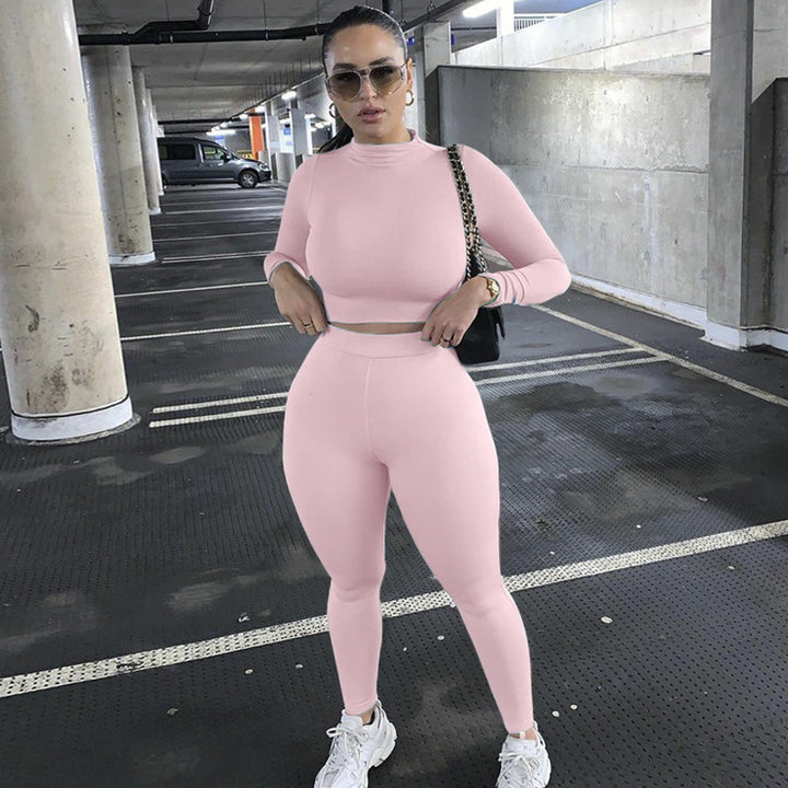 Damen Figurbetontes Sport-Zweiteiler-Set mit Langarm-Crop-Top und hochtaillierten Leggings Drune