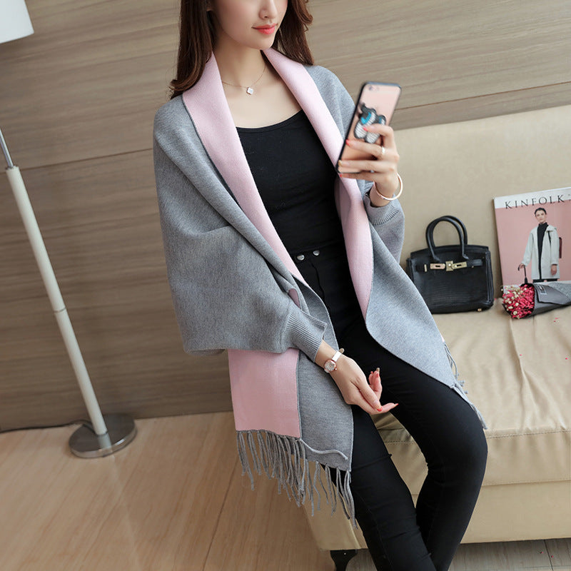 Damen eleganter Schal mit Fransen und kontrastierenden Farbdetails Drune
