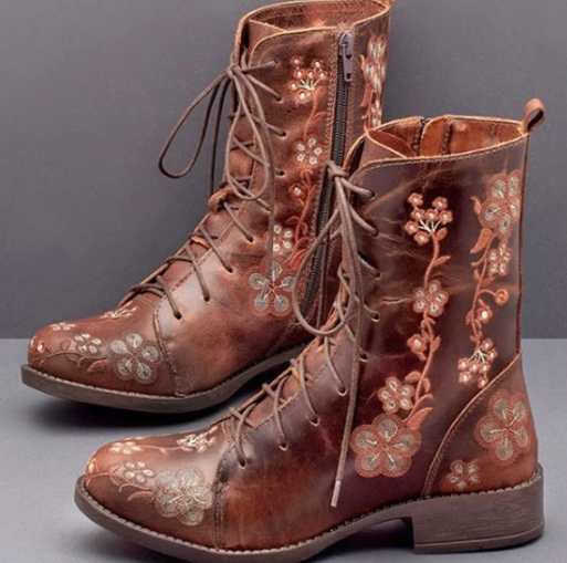 Damen bestickte Combat-Stiefelette mit floralem Stickmotiv, seitlicher Reißverschluss und gepolstertem Komfortfußbett Drune